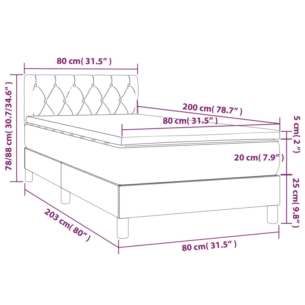 vidaXL Hólfað Springrúm með Dýnu Brúngrátt 80x200 cm Tauefni