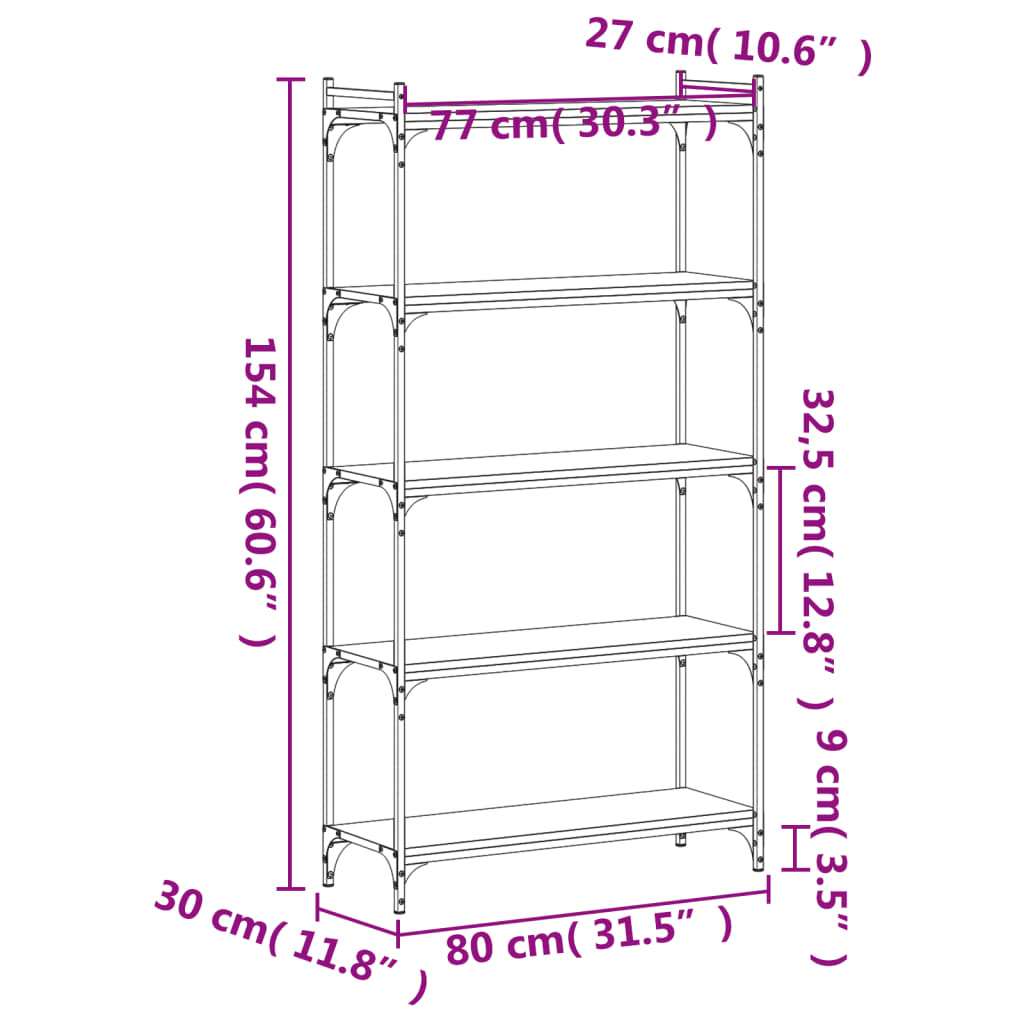 vidaXL Bókahilla með 5 Hillum Svört 80x30x154 cm Samsettur Viður