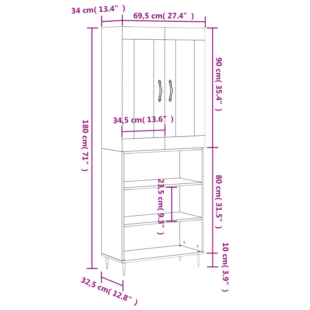 vidaXL Skenkur Háglans hvítt 69,5x34x180 cm Samsettur Viður