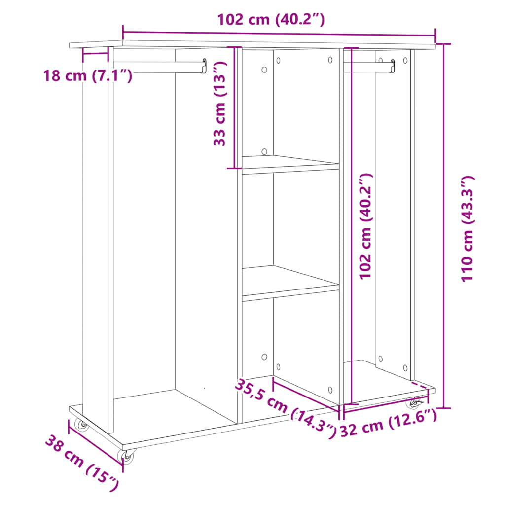 vidaXL Fataskápur Sonoma Eik á Hjólum 102x38x110 Samsettur Viður