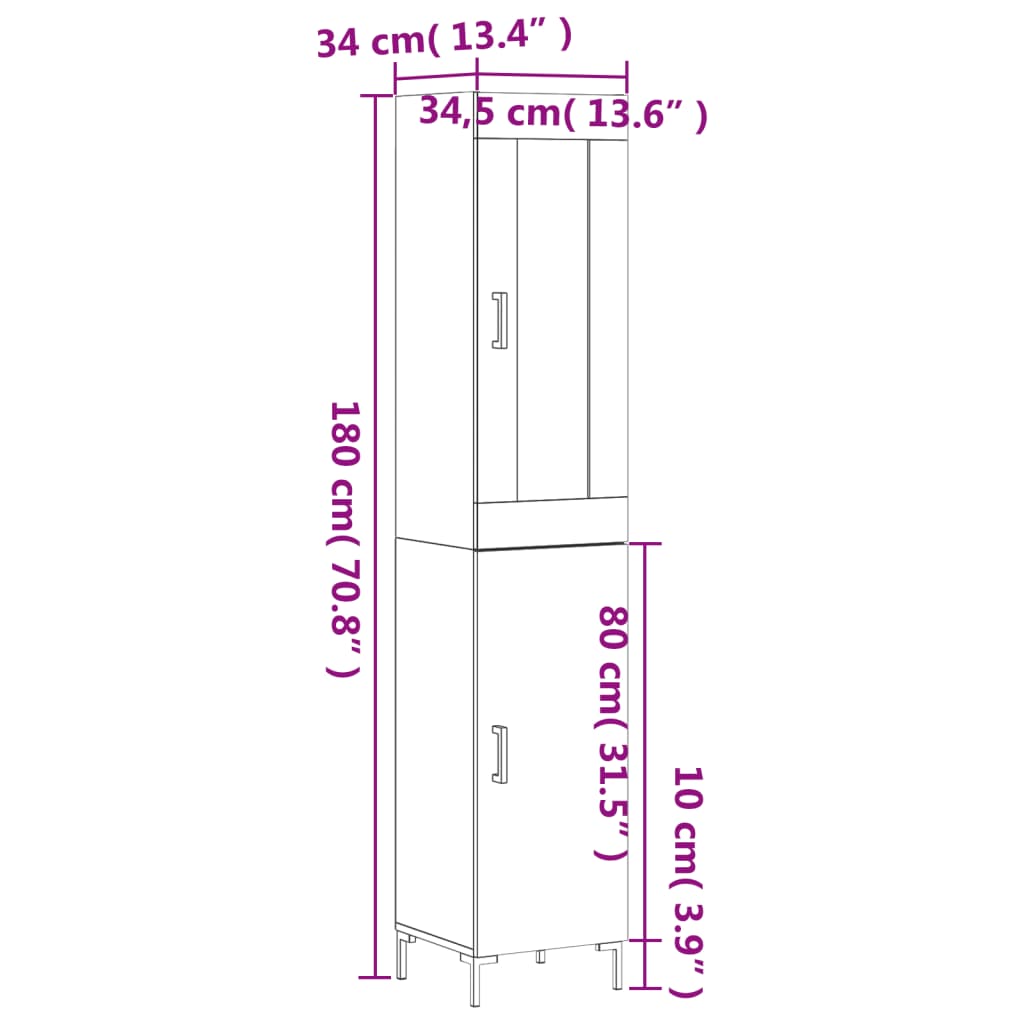 vidaXL Hár Skápur Brún Eik 34,5x34x180 cm Samsettur Viður