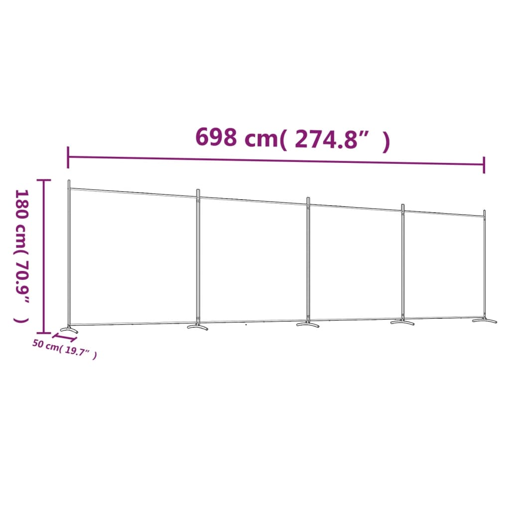 vidaXL 4-þilja Skilrúm Hvítt 698x180 cm Tauáklæði