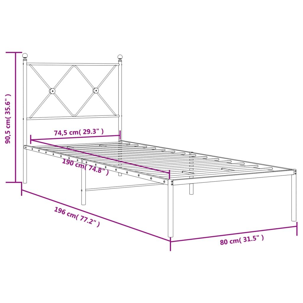 vidaXL Rúmgrind úr Málmi með Höfuðgafli Hvítur 75x190 cm