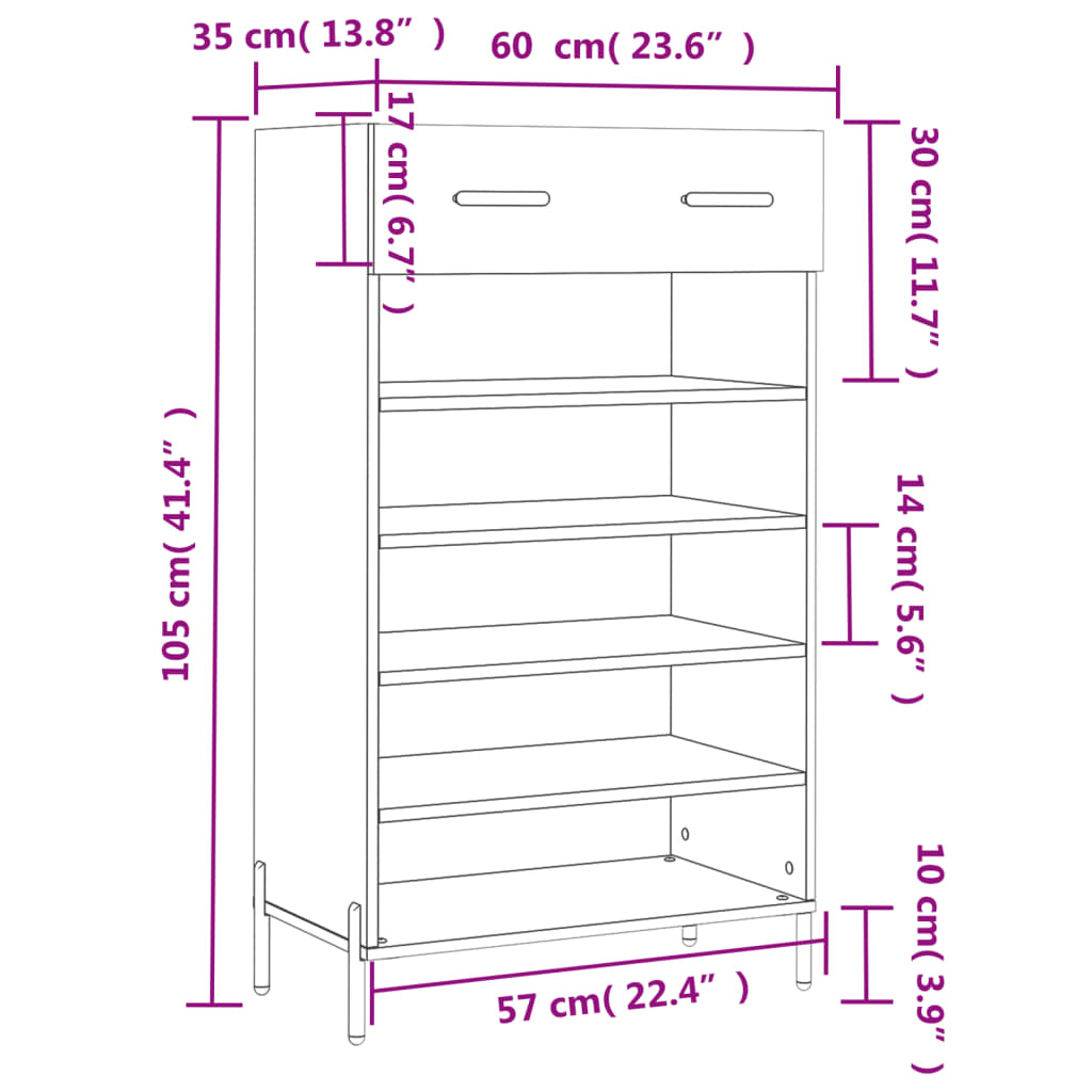 vidaXL Skóskápur Brúnn Eikarlitur 60x35x105 cm Samsettur Viður