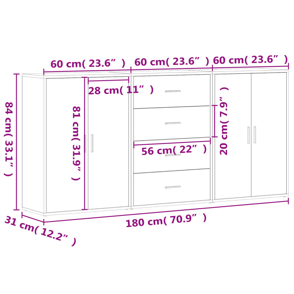 vidaXL Skenkir 3 stk. Svartur 60x31x84 cm Samsettur Viður