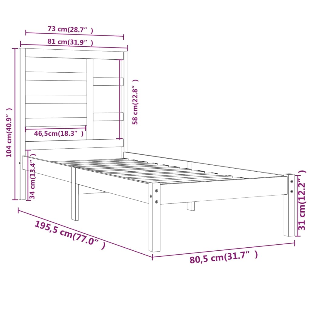 vidaXL Rúmgrind án Dýnu Gegnheill Viður Hvítur 75x190 cm