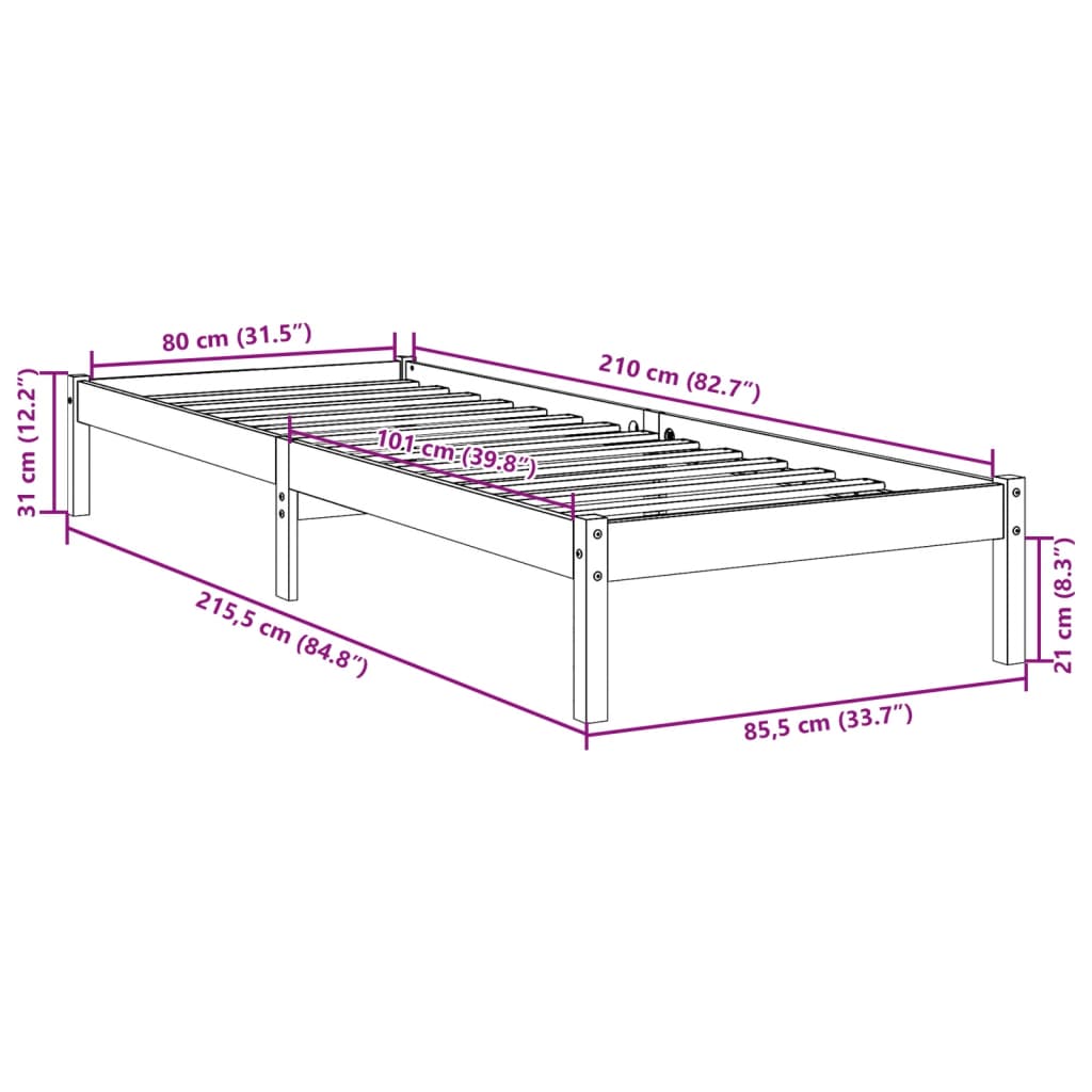 vidaXL Extra Löng Rúmgrind án Dýnu 80x210 cm Gegnheil Fura