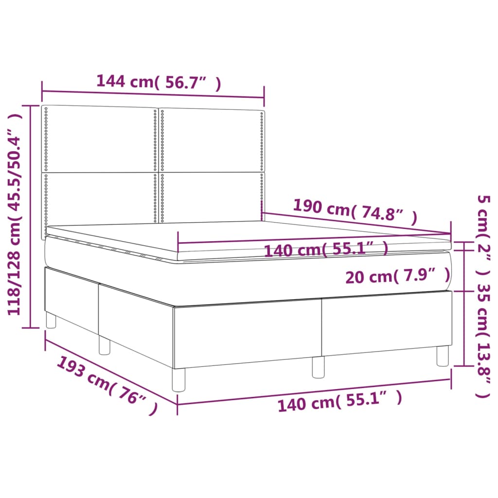 vidaXL Hólfað Springrúm með Dýnu&LED Svart 140x190 cm Gervileður