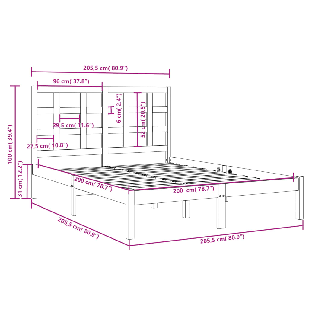 vidaXL Rúmgrind Gegnheill Viður 200x200 cm