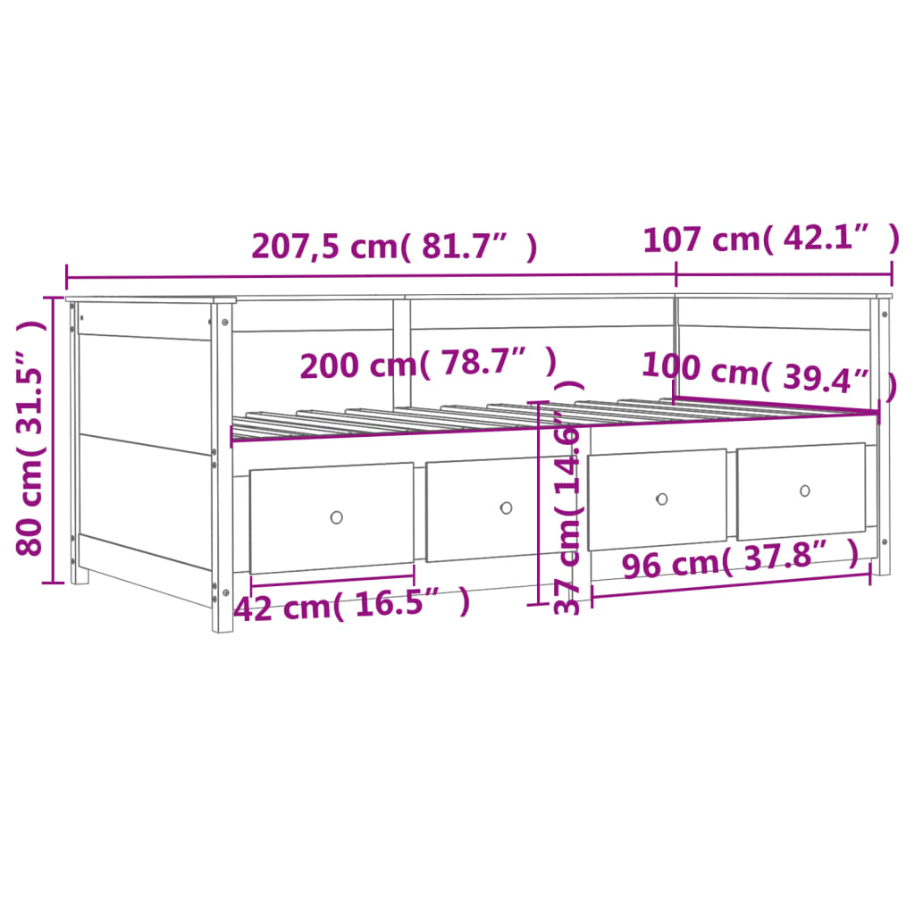 vidaXL Svefnsófi án Dýnu Vaxbrún 100x200 cm Gegnheil Fura