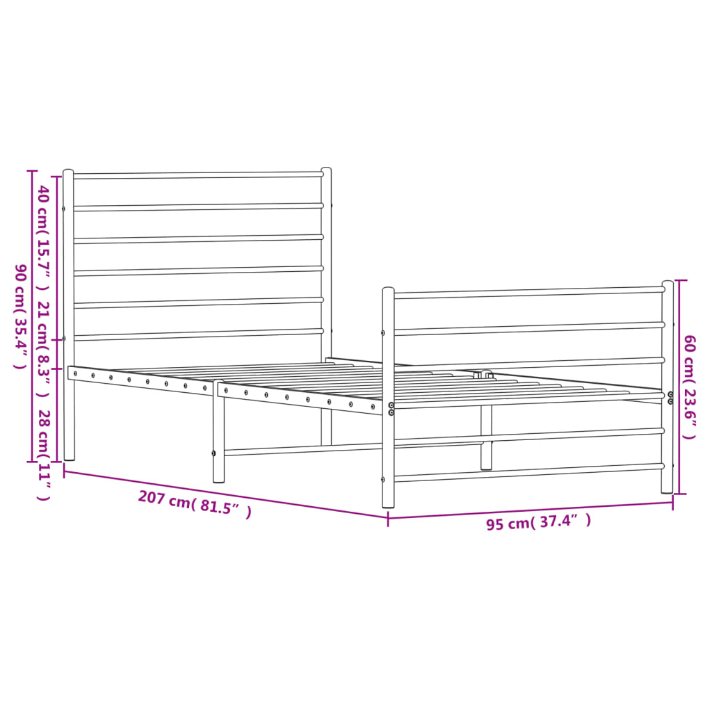 vidaXL Rúmgrind úr Málmi með Höfuðgafli & Fótagafli Svört 90x200 cm