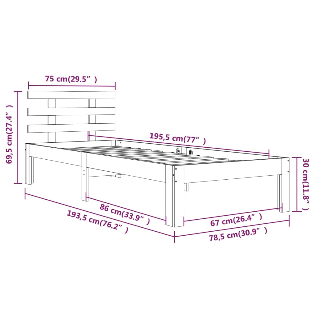 vidaXL Rúmgrind án Dýnu Hvítt 75x190cm Lítil Einbreið