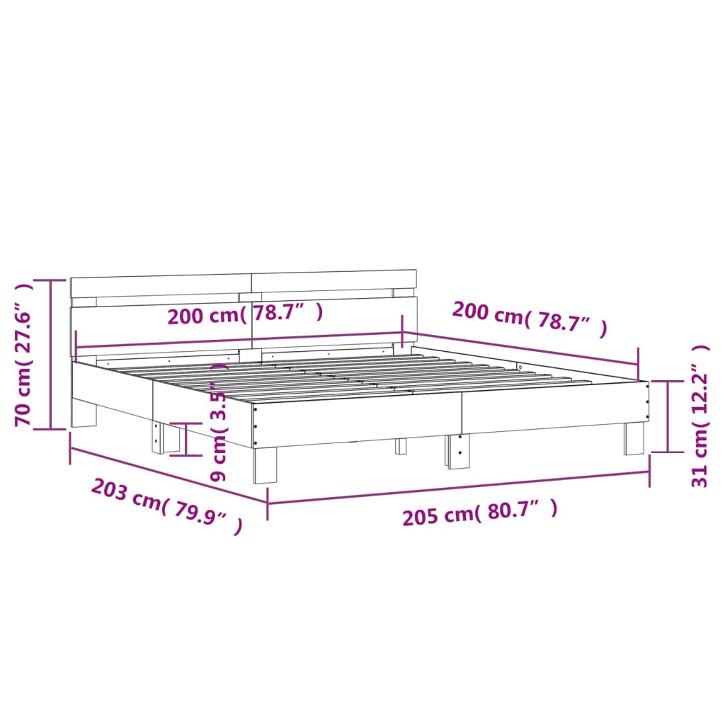 vidaXL Rúmgrind með LED án Dýnu Sonoma Eikarlitur 200x200 cm