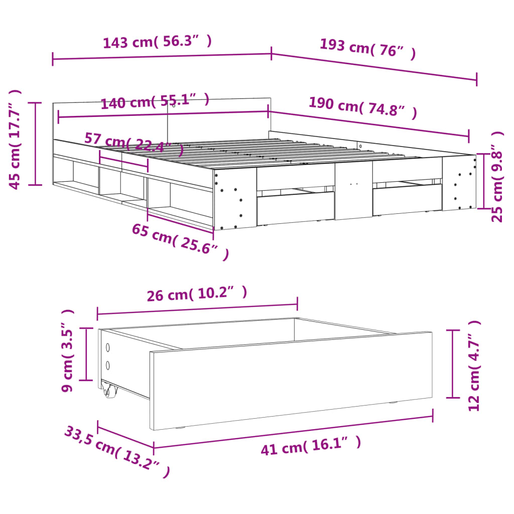 vidaXL Rúmgrind með Skúffum án Dýnu Sonoma Eikarlitur 140x190 cm