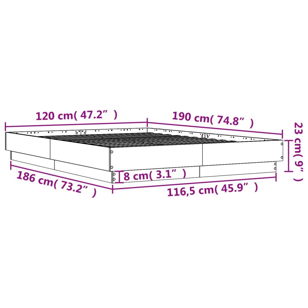 vidaXL Rúmgrind með LED án Dýnu Sonoma Eikarlitur 120x190 cm