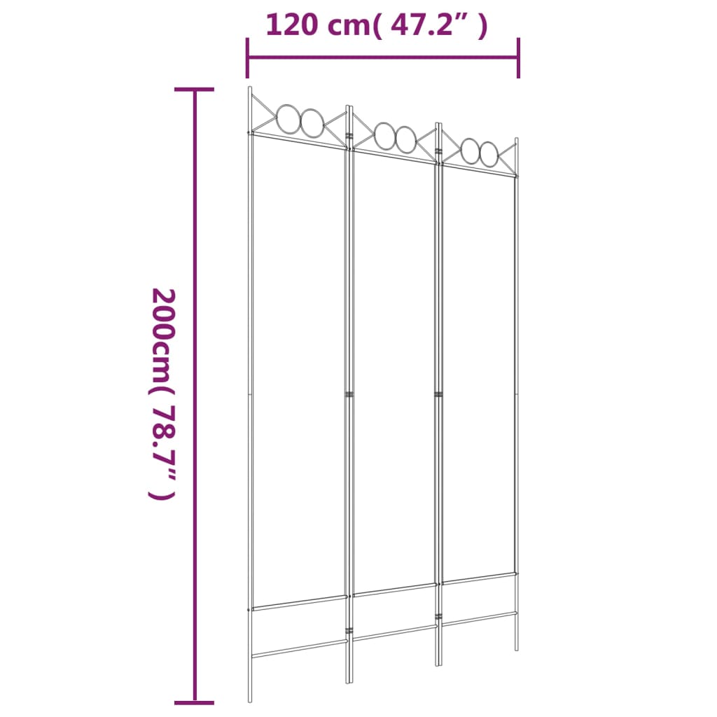 vidaXL 3-spjalda Skilrúm Hvítt 120x200 cm Tauáklæði