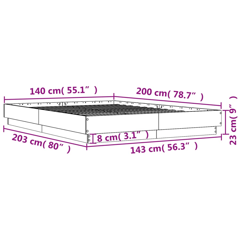 vidaXL Rúmgrind með LED án Dýnu Svört 140x200 cm