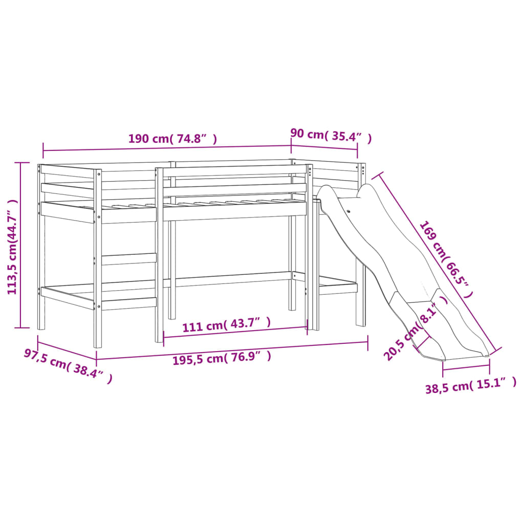 vidaXL Krakkakoja með Turni Blár 90x190 cm Gegnheil Fura