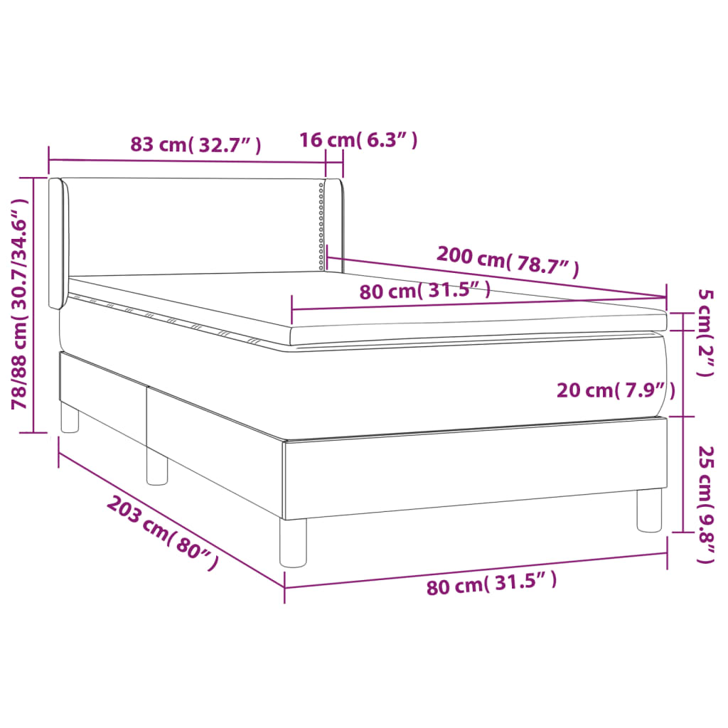 vidaXL Hólfað Springrúm með Dýnu Dökkgrátt 80x200 cm Tauefni