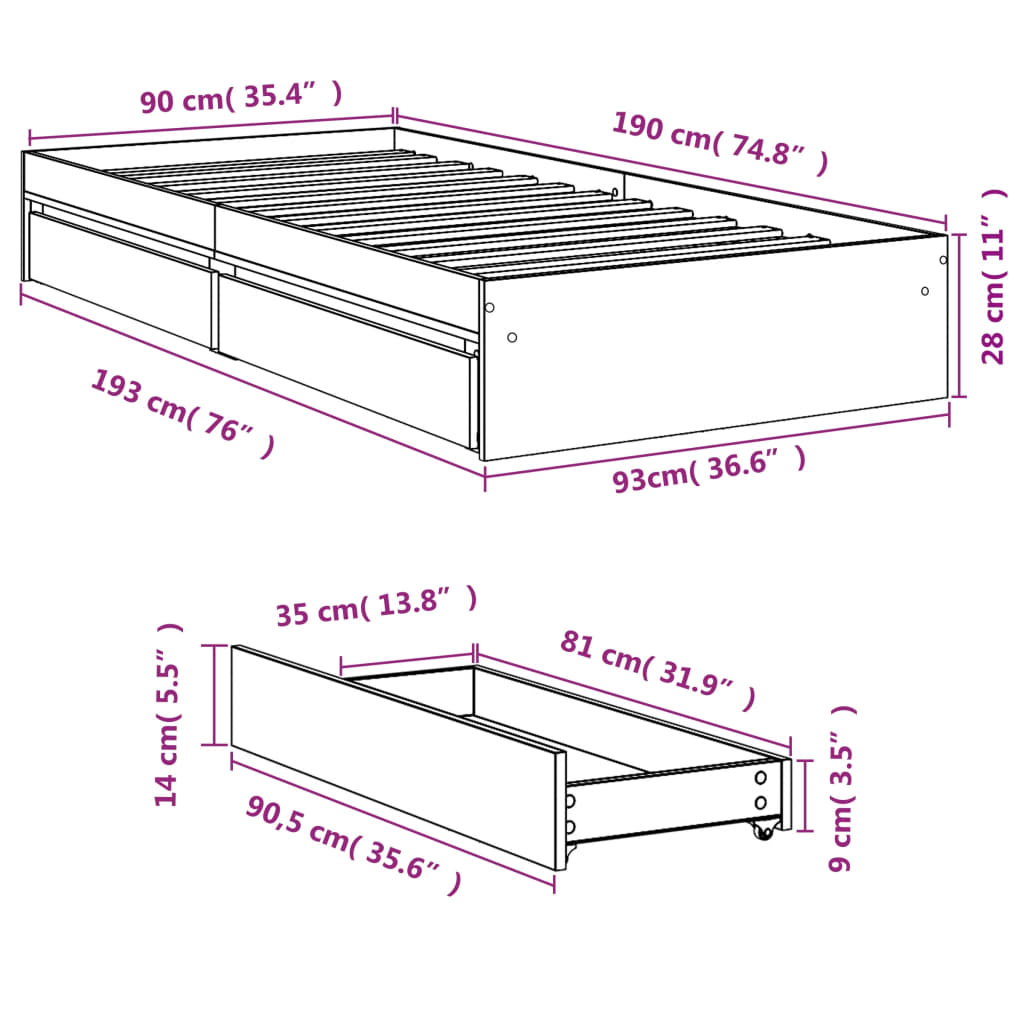 vidaXL Rúmgrind með Skúffum án Dýnu Reyktóna Eikarlitur 90x190 cm