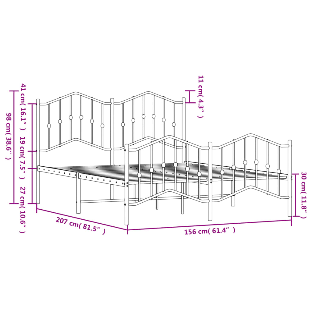 vidaXL Rúmgrind úr Málmi með Höfuðgafli & Fótagafli Hvít 150x200 cm