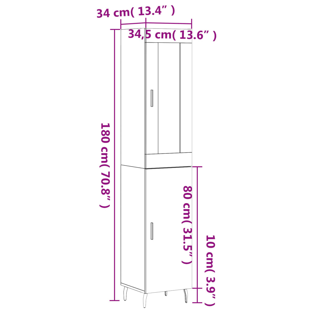 vidaXL Hár Skápur Grár Sonoma 34,5x34x180 cm Samsettur Viður