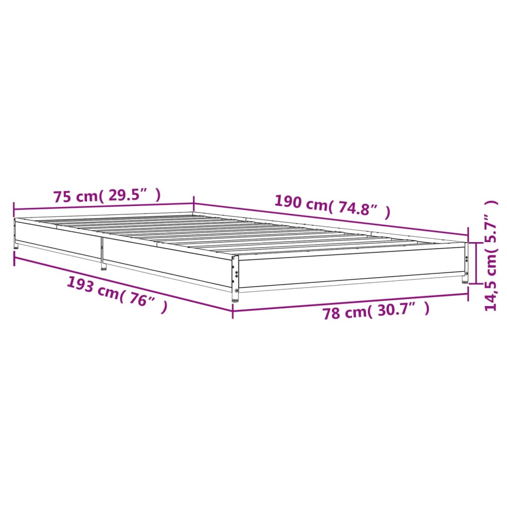 vidaXL Rúmgrind án Dýnu Reyktóna Eikarlitur 75x190 cm