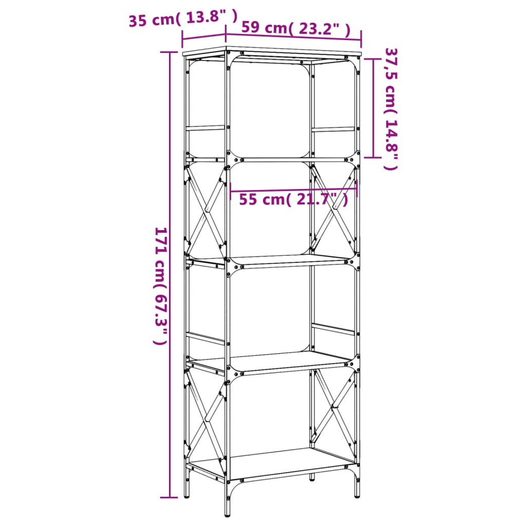 vidaXL Bókahilla með 5 Hillum Svört 59x35x171 cm Samsettur Viður