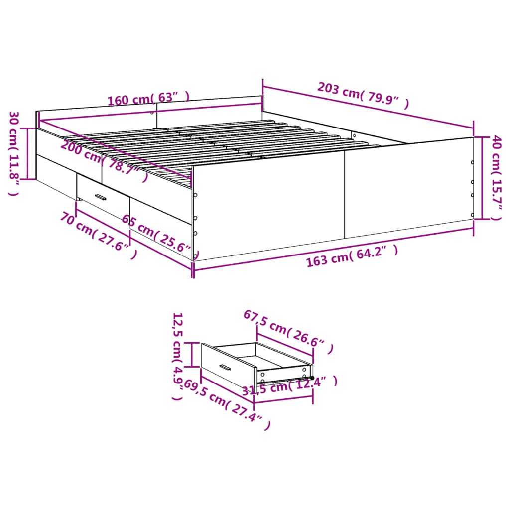 vidaXL Rúmgrind með Skúffum Hvít 160x200 cm Samsettur Viður