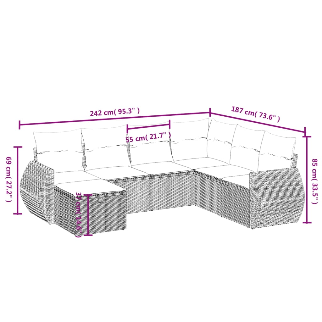 vidaXL 7-Hluta Garðsófasett með Sessum Grátt Pólýrattan