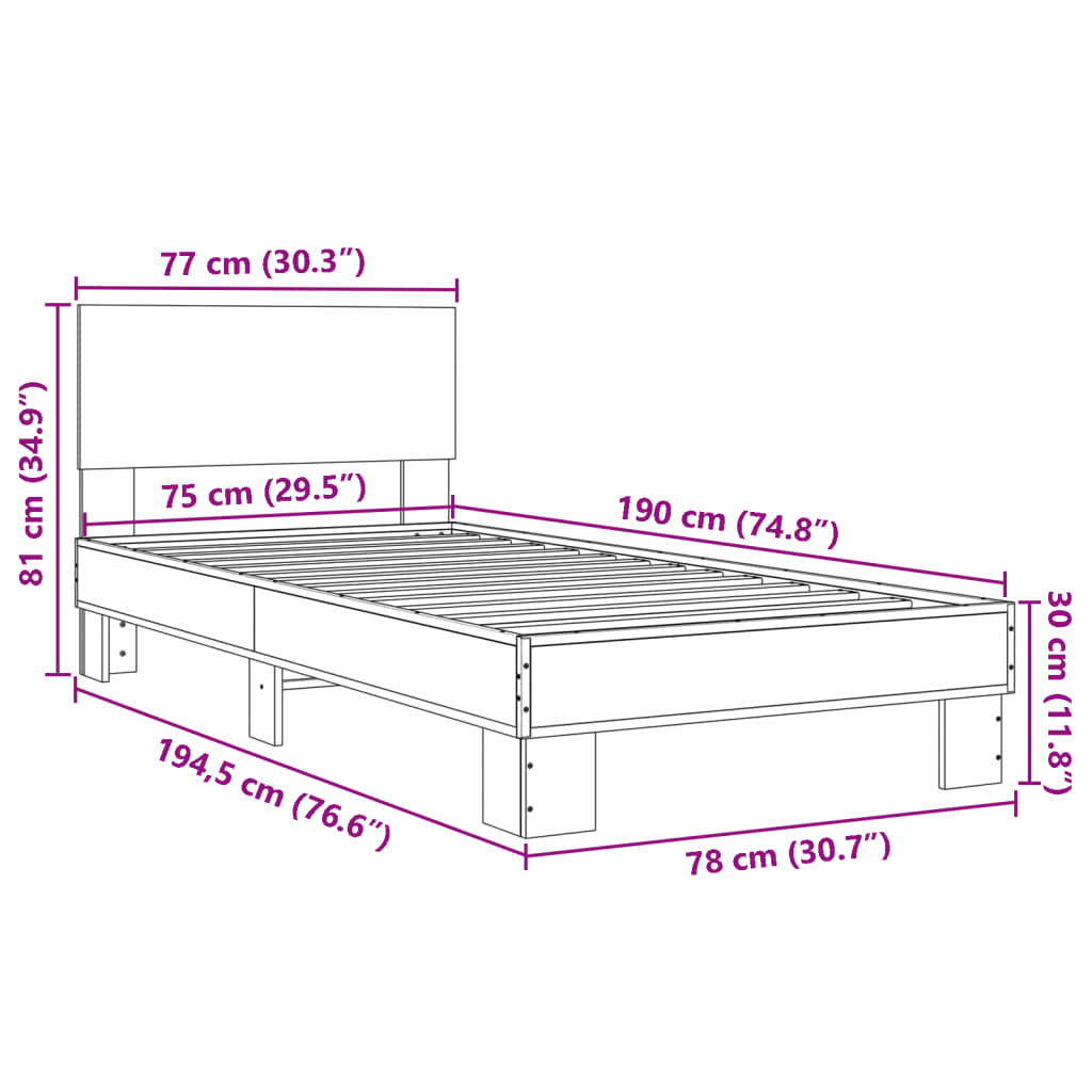 vidaXL Náttborð Sonoma Eikarlitur 75x190 cm Samsettur Viður og málmur