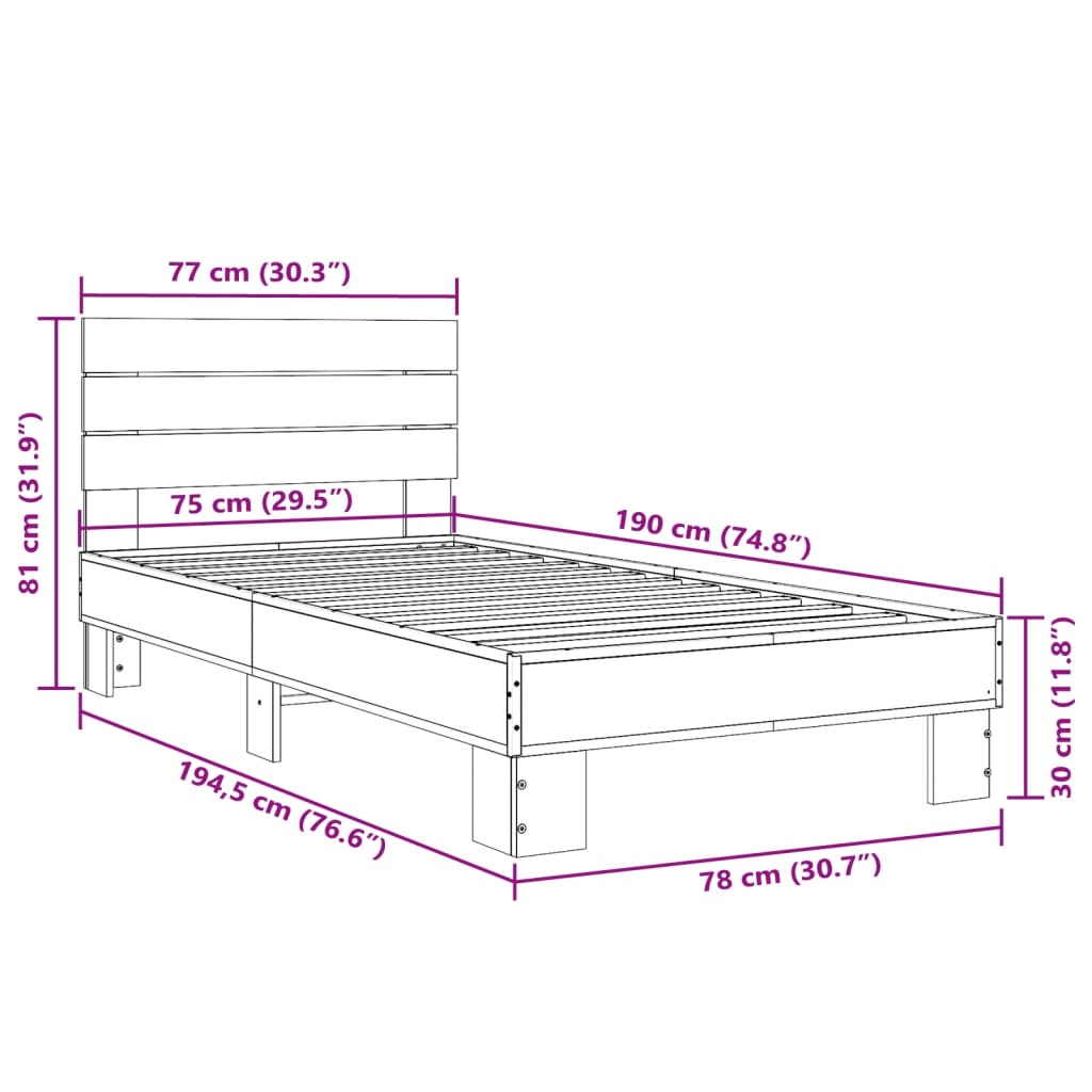 vidaXL Rúmgrind án Dýnu Svartur 75x190 cm