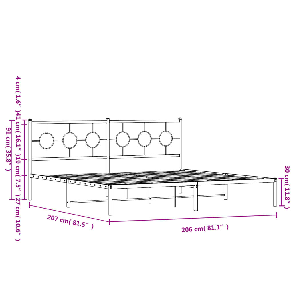 vidaXL Málmrúmgrind með Höfuðgafli Svört 200x200 cm