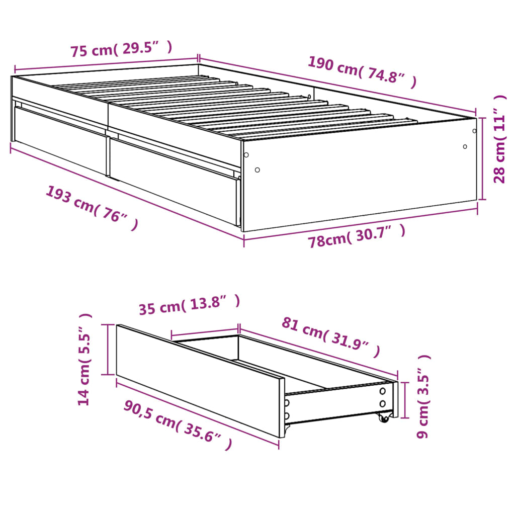 vidaXL Rúmgrind með Skúffum án Dýnu Hvít 75x190 cm