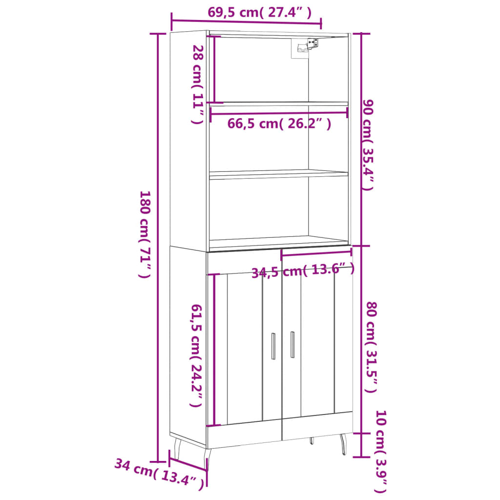 vidaXL Hár Skápur Svartur 69,5x34x180 cm Samsettur Viður