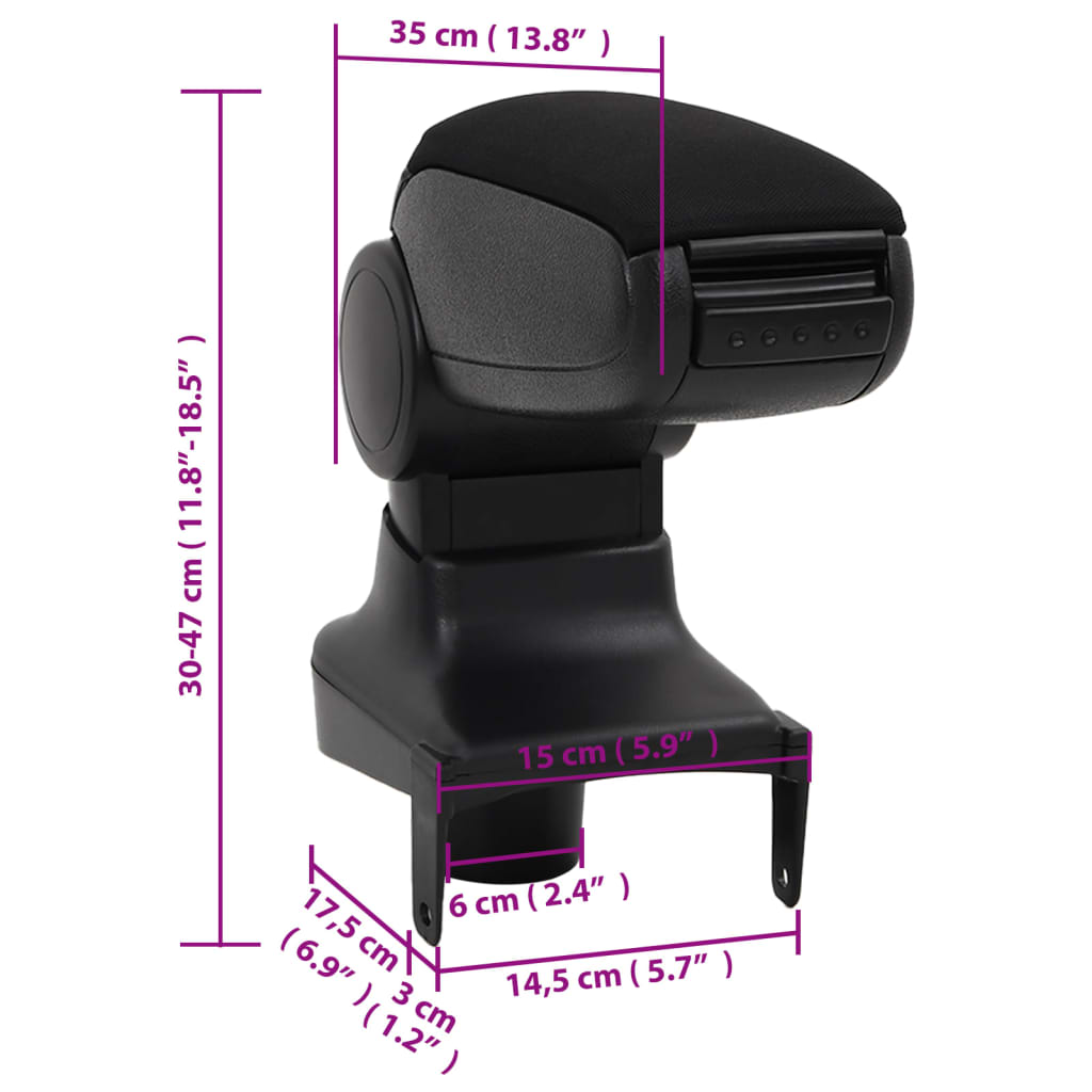 vidaXL Bílaarmpúði Svartur 15x35x(30-47) cm ABS