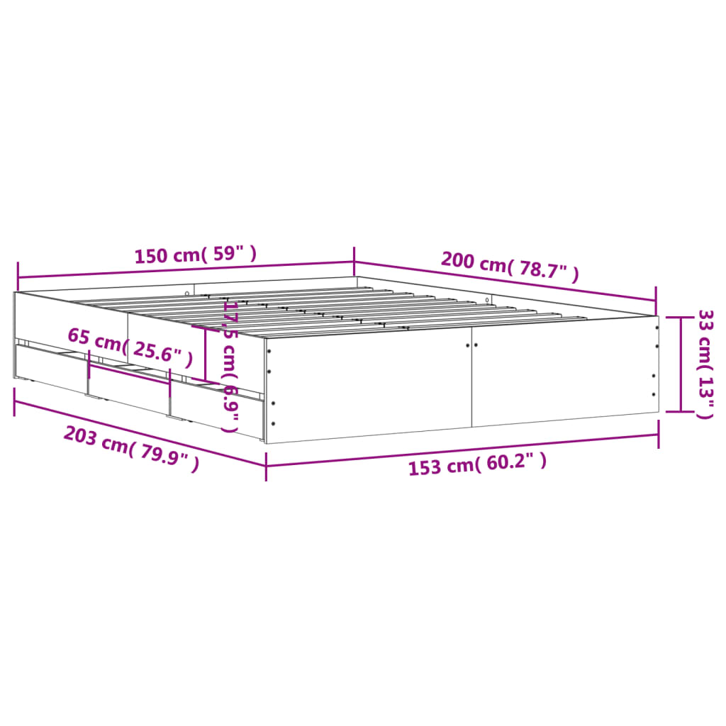 vidaXL Rúmgrind með Skúffum án Dýnu Gráir Sonoma Eik 150x200 cm