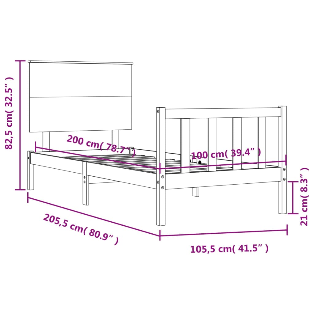 vidaXL Rúmgrind með Höfuðgafli Svartur 100x200 cm Gegnheil viðar