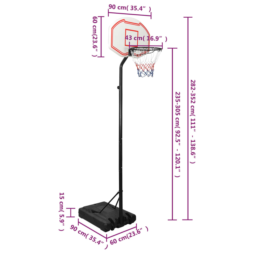 vidaXL körfuboltastandur Hvítur 282-352 cm Pólýeten