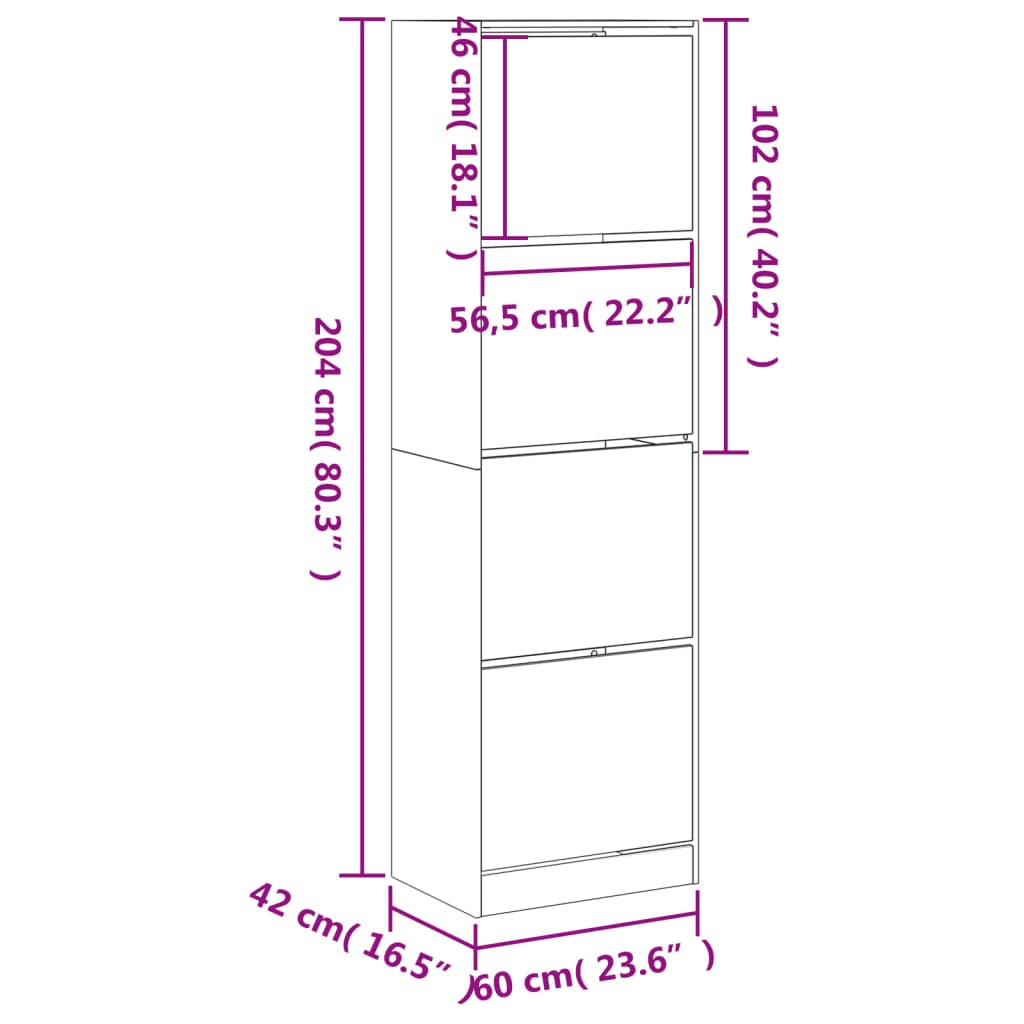 vidaXL Skóskápur með 4 Lóðréttum Skúffum Steinsteypa Grár 60x42x204 cm