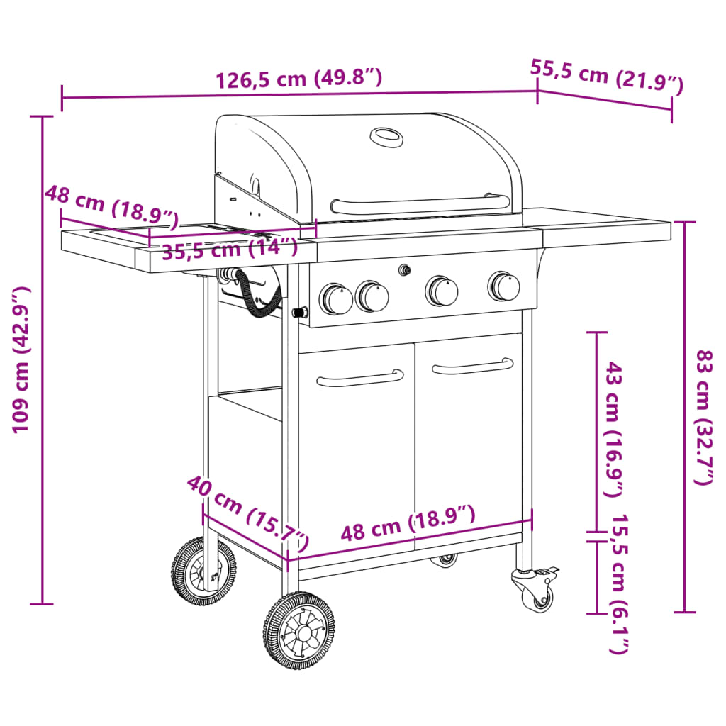 vidaXL Gasgrill með 4 Brennara Svartur Dufthúðuðu Stáli