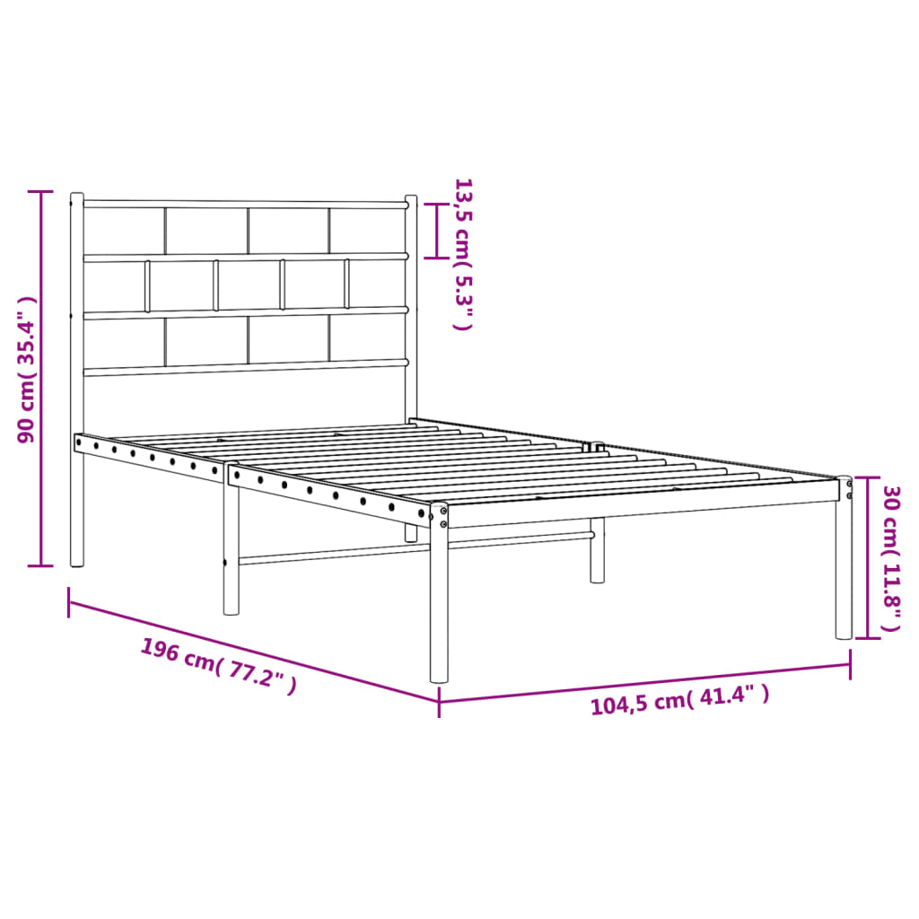 vidaXL Málmrúmgrind með Höfuðgafli Svört 100x190 cm