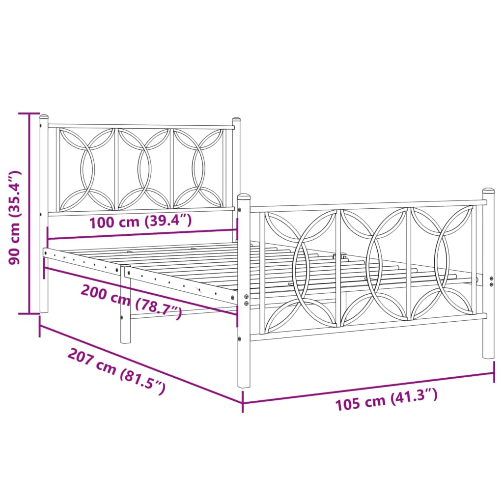 vidaXL Rúmgrind úr Málmi með Höfuðgafli & Fótagafli Hvít 100x200 cm