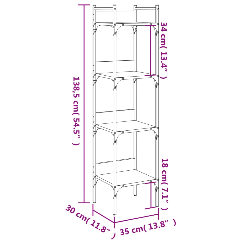 vidaXL Bókahilla 4 Hillum Sonoma Eik 35x30x138,5 cm Samsettur Viður