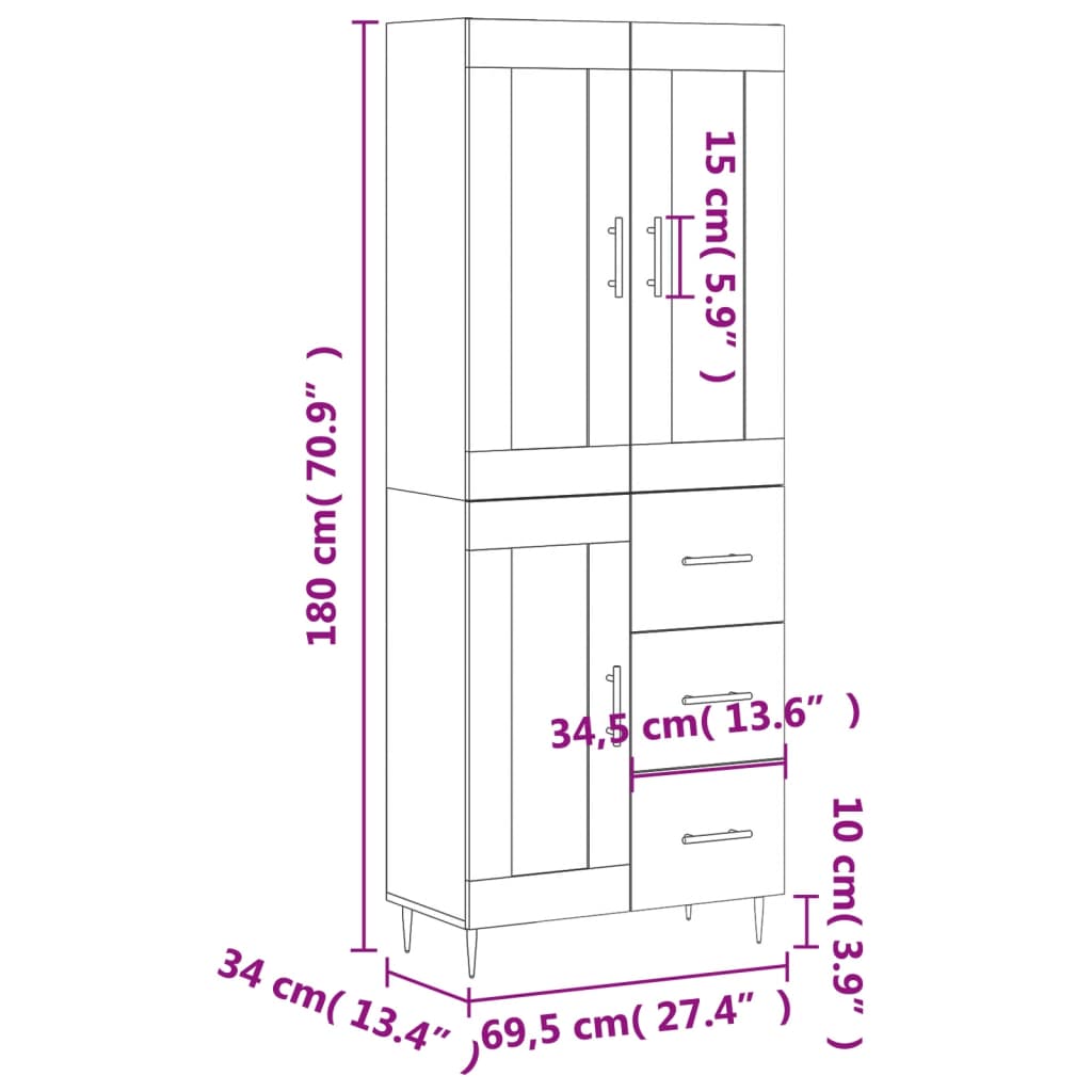 vidaXL Hár Skápur Hvítur 69,5x34x180 cm Samsettur Viður