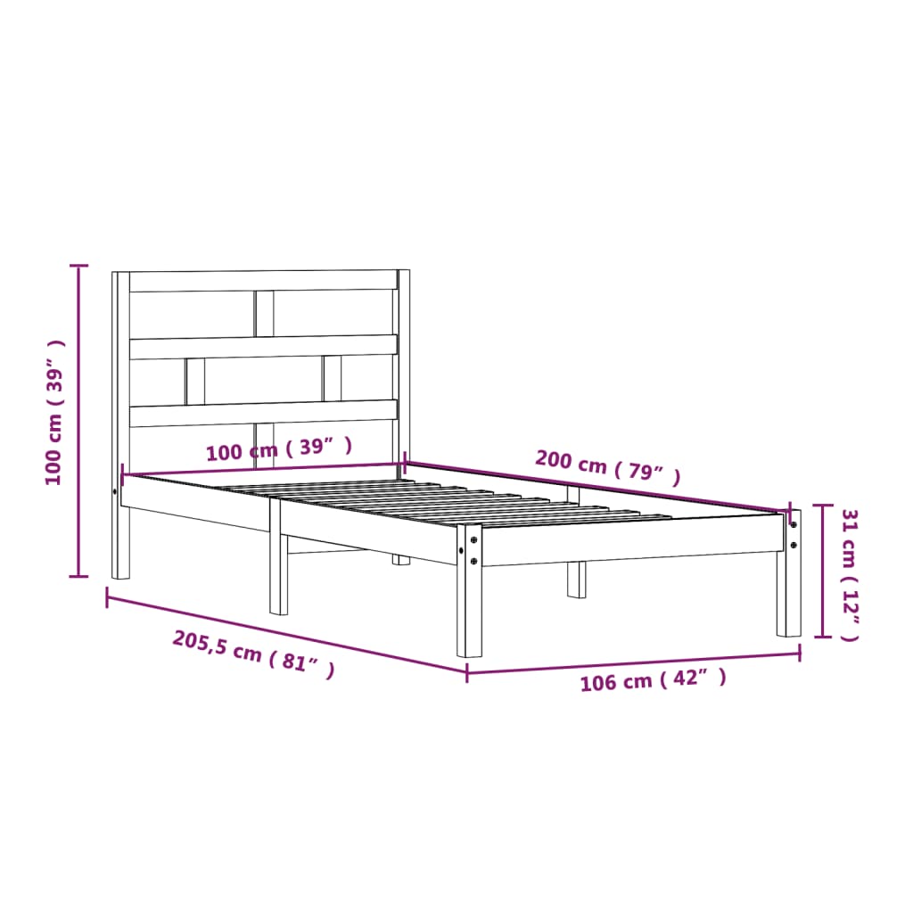 vidaXL Rúmgrind án Dýnu Svört Gegnheil Viður 100x200 cm