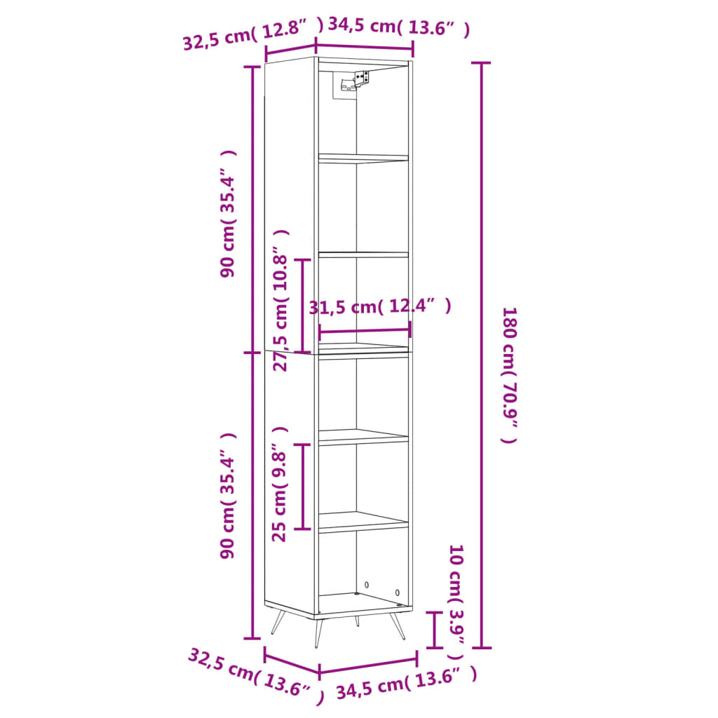 vidaXL Hár Skápur Grár Sonoma 34,5x32,5x180 cm Samsettur Viður