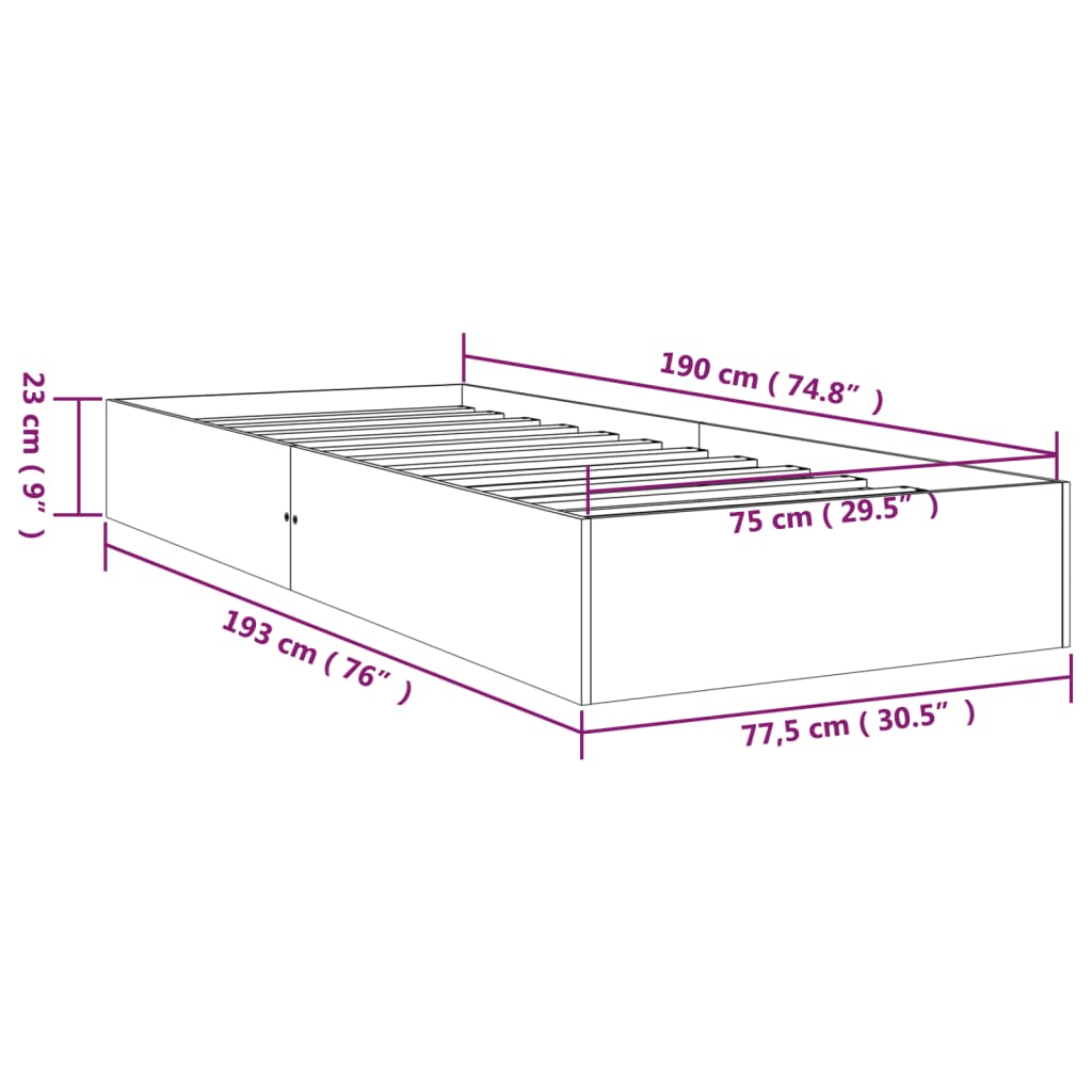 vidaXL Rúmgrind án Dýnu Gegnheill Viður 75x190cm Lítil Einbreið