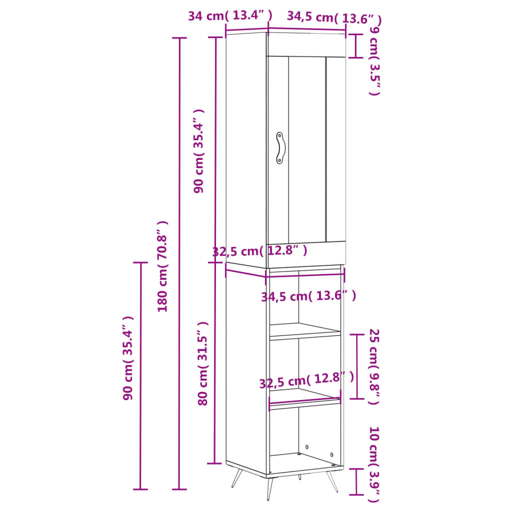 vidaXL Hár Skápur Svartur 34,5x34x180 cm Samsettur Viður