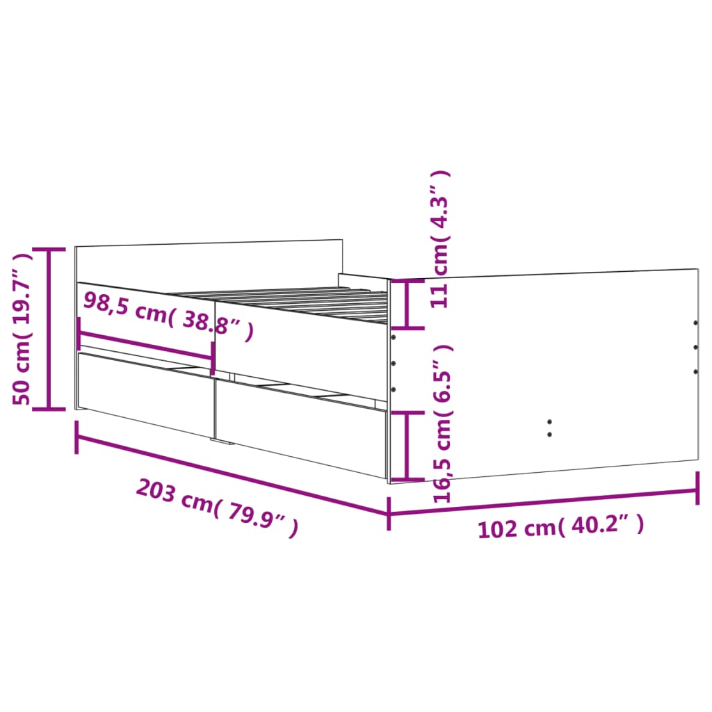 vidaXL Rúmgrind með Skúffum án Dýnu Sonoma Eikarlitur 100x200 cm